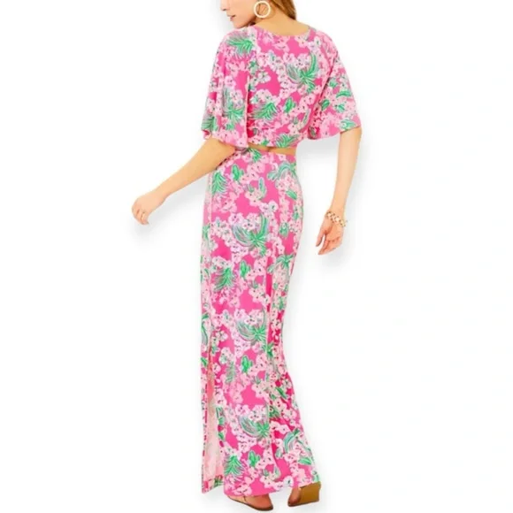 LILLY PULITZER Minka Maxi Skirt 2 Piece Set Roxie Pink Worth A Look Crop Top NWT